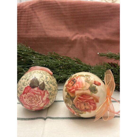 Set of 2 Decoupage Cottage Rose Angel Cherub Pink Paper Victorian Christmas Tree - Picture 2 of 3